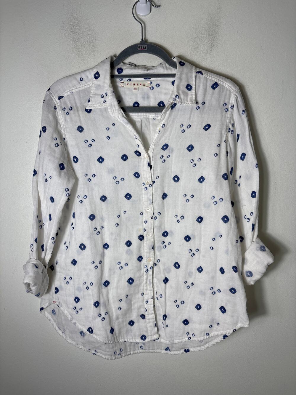 Xirena White Blue Long Sleeve Cotton Button Up Shirt Sz XS